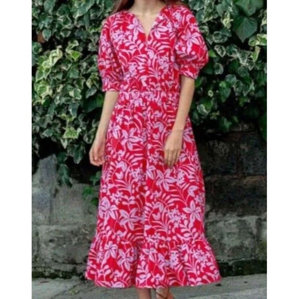 Mersea Red & Pink Floral Midi Dress with Puff Sleeves